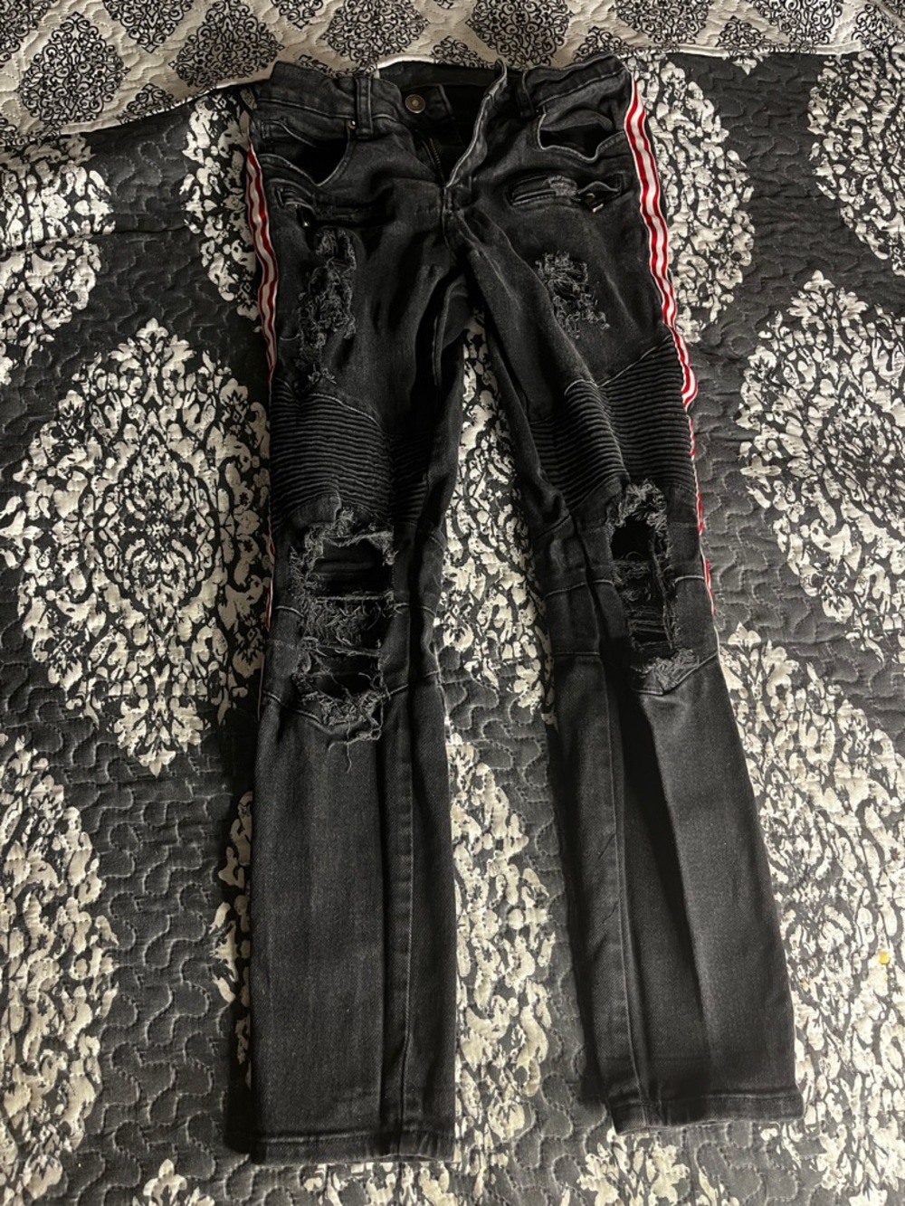 Black Distressed Skinny Jeans with Red Side Stripe - Men's